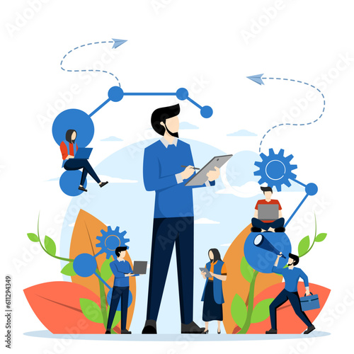 scientists carry out laboratory studies and study the statistical data of the results. compounds and atoms. modern technology machine learning, artificial intelligence, flat vector illustration.