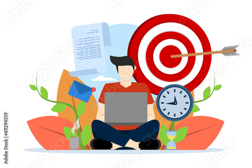 Stay focused concept. working man with goals, schedule and new mail. Work in focus, productivity, self-discipline. Achievement of objectives. Vector illustration for web design, banners, UI