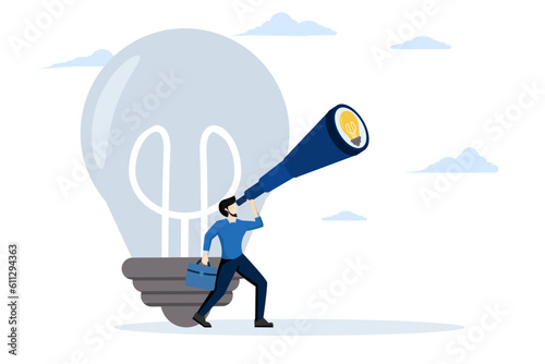 New opportunities, ideas or inspiration. Find new ideas in business. innovation or creativity. A businessman looks through a large pair of binoculars for a light bulb idea. flat vector illustration.