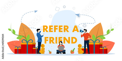 Refer a friend concept. Referral program vector illustration, man using megaphone with referring friend word, use for landing page, ui, web template, mobile app, poster, banner. vector illustration.