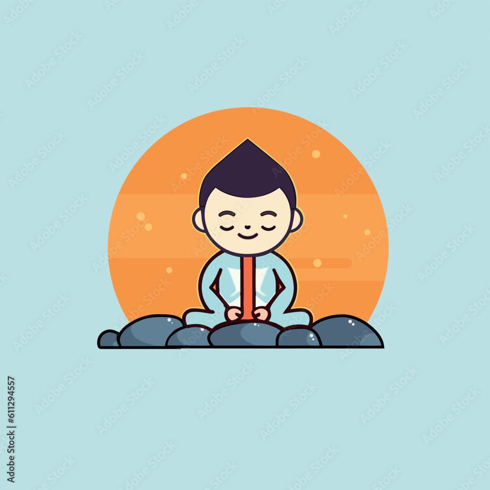 Illustration of Asian boy meditating on rocks with sun and light blue background. Illustration of Asian boy meditating on rocks with sun and light blue background.