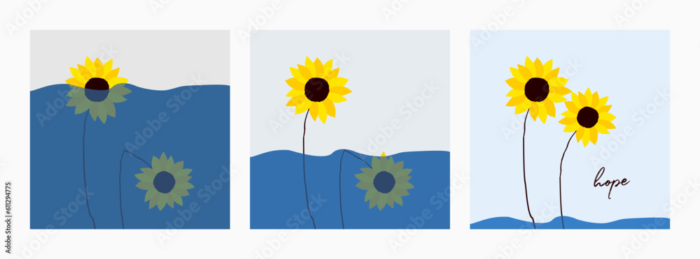 Vector illustration with sunflowers under water and hope. For support and assistance to Ukraine