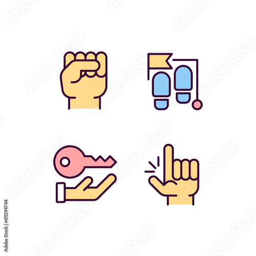 Goal setting pixel perfect RGB color icons set. Development and progress. Process stages. Corporate access. Isolated vector illustrations. Simple filled line drawings collection. Editable stroke
