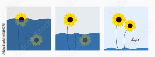 Vector illustration with sunflowers under water and hope. For support and assistance to Ukraine