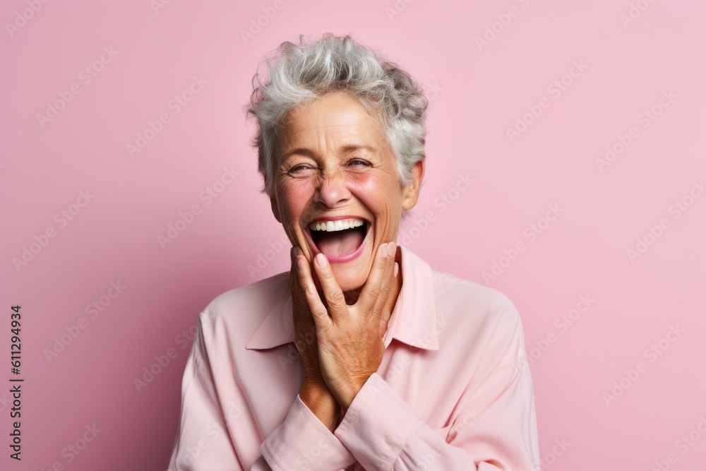 Medium shot portrait photography of a grinning mature woman covering his mouth against a pastel or soft colors background. With generative AI technology