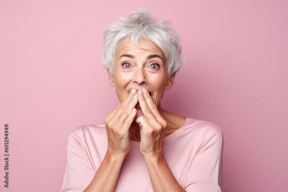 Medium shot portrait photography of a grinning mature woman covering his mouth against a pastel or soft colors background. With generative AI technology Medium shot portrait photography of a grinning mature woman covering his mouth against a pastel or soft colors background. With generative AI technology