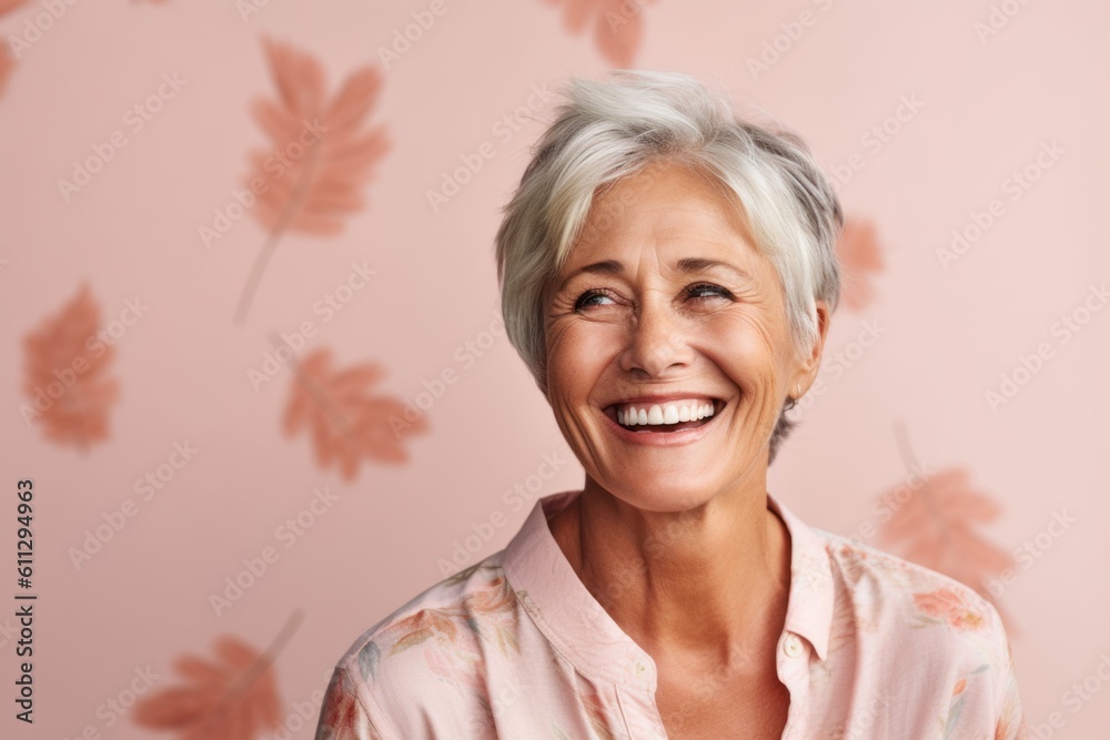 Close-up portrait photography of a grinning mature woman pointing down against a pastel or soft colors background. With generative AI technology