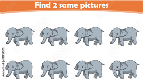 Funny cartoon elephant. Find two same pictures. Educational game for children. Cartoon vector illustration