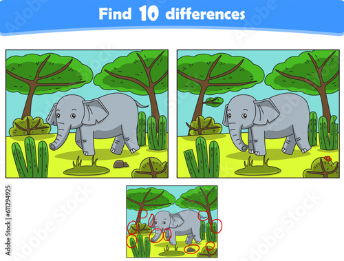 Funny cartoon elephant. Find 10 differences. Kids Education games. Cartoon vector illustration