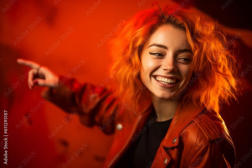 Close-up portrait photography of a happy girl in her 20s pointing at oneself against a fiery red background. With generative AI technology Close-up portrait photography of a happy girl in her 20s pointing at oneself against a fiery red background. With generative AI technology