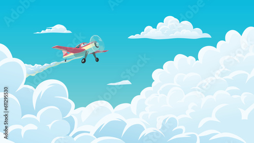 flying airplane through white clouds blue sky