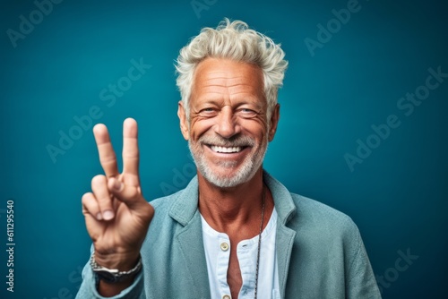 Close-up portrait photography of a joyful mature man making a peace gesture with two fingers against a turquoise blue background. With generative AI technology