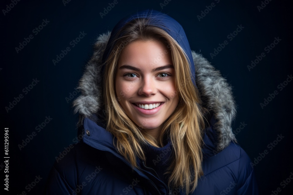 Headshot portrait photography of a grinning girl in her 20s making a gesture of i'm cold hugging himself against a deep indigo background. With generative AI technology Headshot portrait photography of a grinning girl in her 20s making a gesture of i'm cold hugging himself against a deep indigo background. With generative AI technology