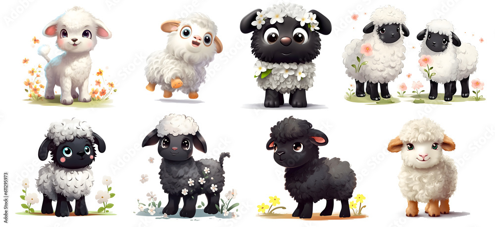 set of funny sheep with transparent background, generated ai