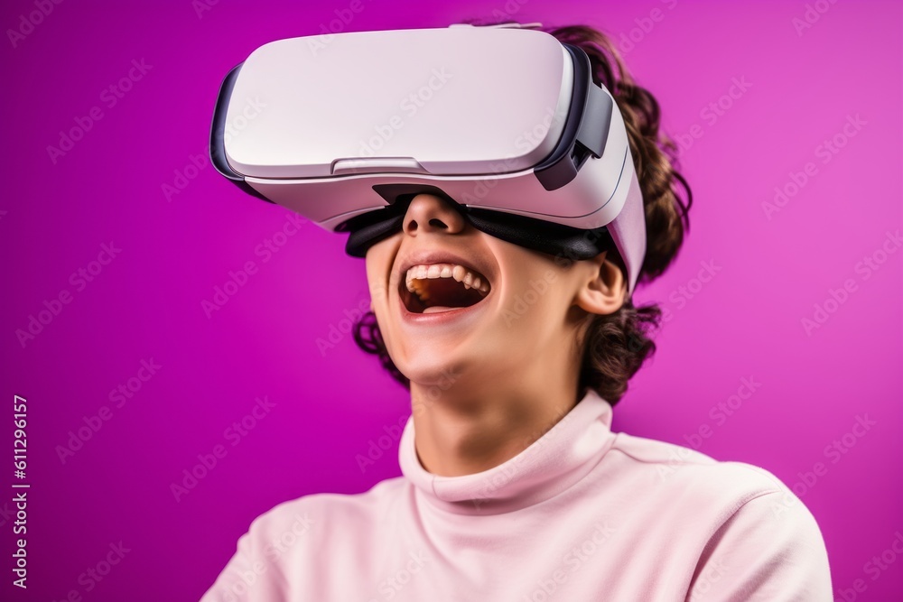 Close-up portrait photography of a grinning boy in his 20s playing with virtual reality mask against a soft lavender background. With generative AI technology