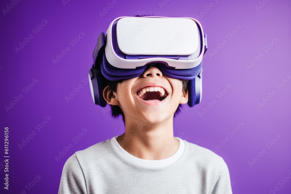 Close-up portrait photography of a grinning boy in his 20s playing with virtual reality mask against a soft lavender background. With generative AI technology Close-up portrait photography of a grinning boy in his 20s playing with virtual reality mask against a soft lavender background. With generative AI technology