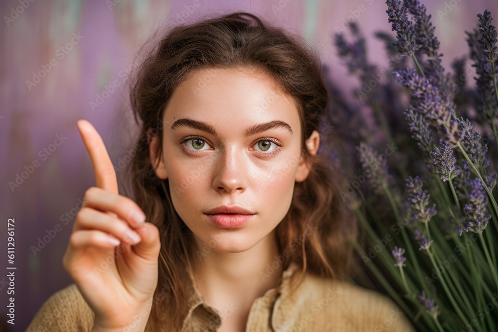 Close-up portrait photography of a satisfied girl in her 20s pointing up against a soft lavender background. With generative AI technology Close-up portrait photography of a satisfied girl in her 20s pointing up against a soft lavender background. With generative AI technology