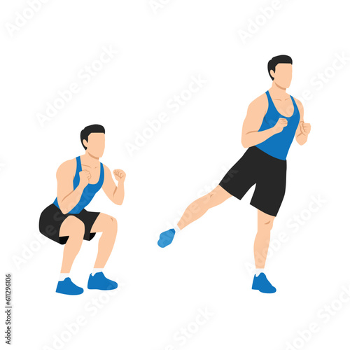 Man doing squats to side leg raises or leg lifts exercise. Woman doing squat jacks or side sumo walks exercise. Flat vector illustration isolated on white background
