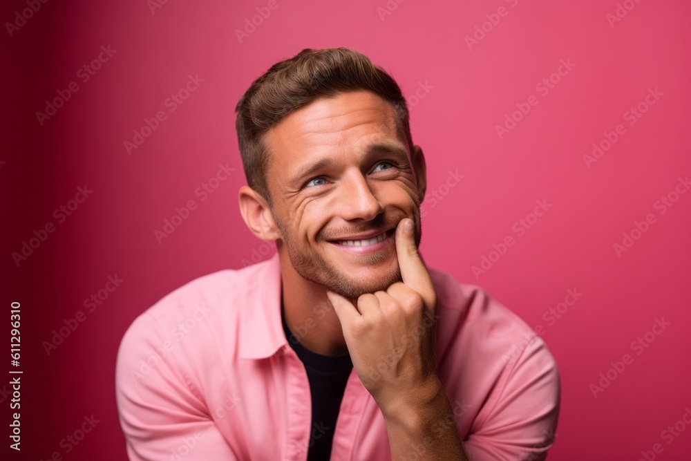 Headshot portrait photography of a grinning boy in his 30s putting the hand on the chin as if thinking against a hot pink background. With generative AI technology Headshot portrait photography of a grinning boy in his 30s putting the hand on the chin as if thinking against a hot pink background. With generative AI technology