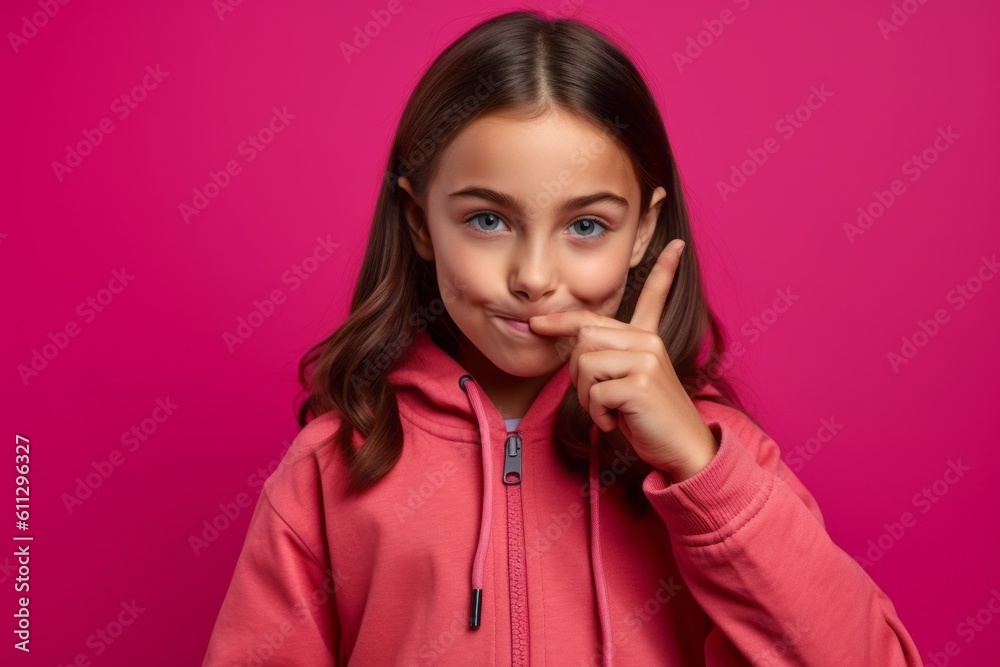 Close-up portrait photography of a grinning kid female making a silence gesture by putting the index finger on the lips against a hot pink background. With generative AI technology