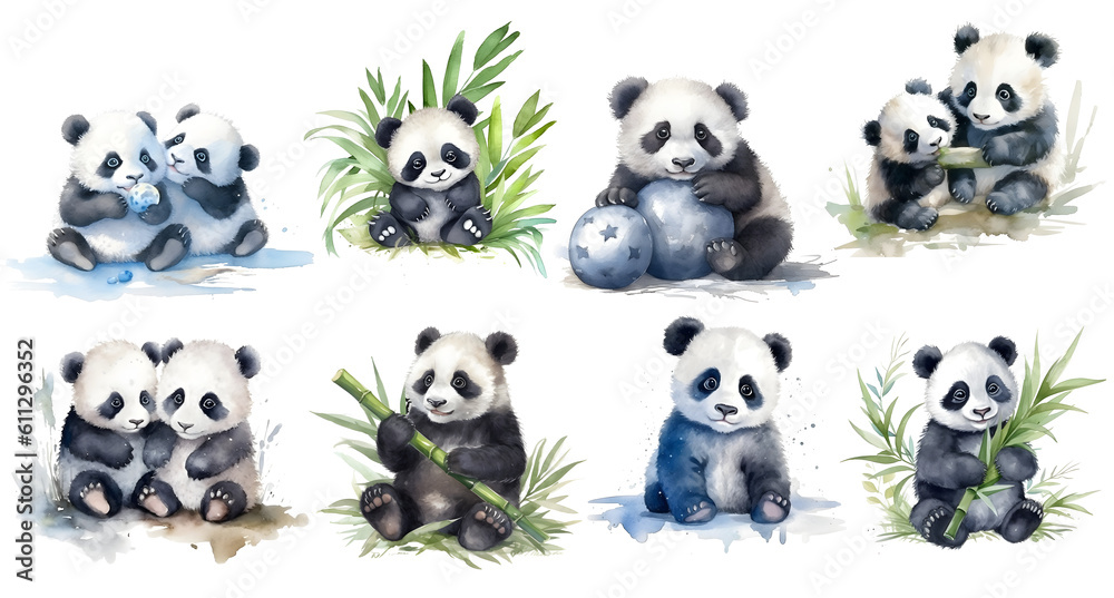 set of cute panda with transparent Background, generated ai Stock