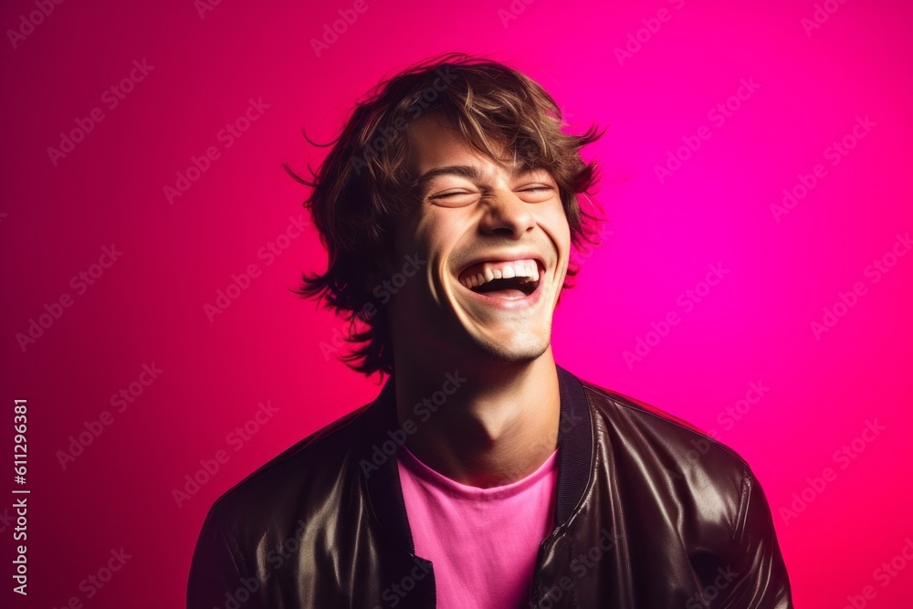 Close-up portrait photography of a happy boy in his 20s laughing against a hot pink background. With generative AI technology Close-up portrait photography of a happy boy in his 20s laughing against a hot pink background. With generative AI technology
