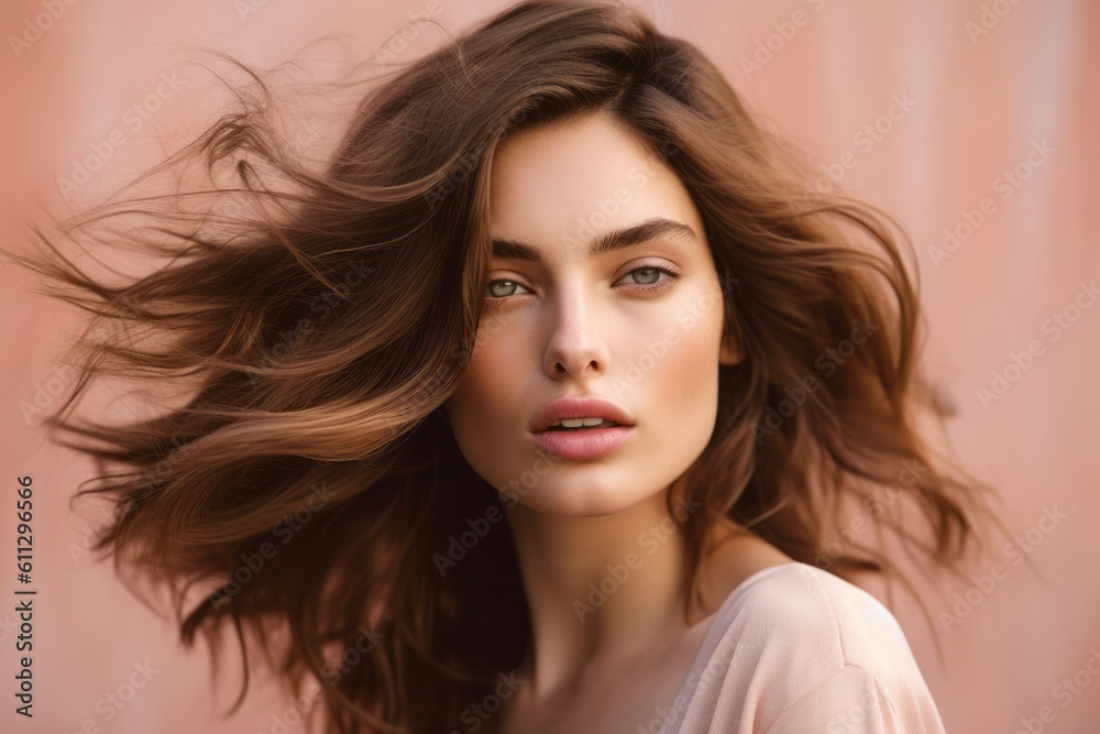 Fototapeta premium Headshot portrait photography of a glad girl in her 20s touching her hair against a dusty rose background. With generative AI technology