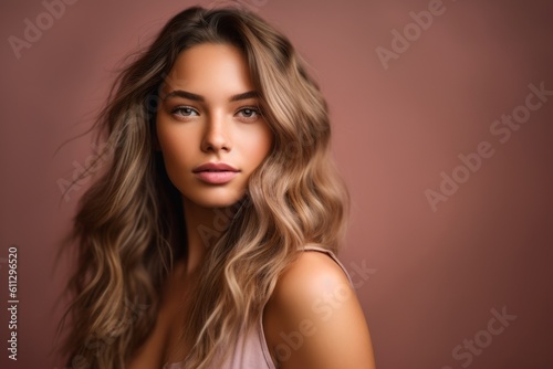 Headshot portrait photography of a glad girl in her 20s touching her hair against a dusty rose background. With generative AI technology