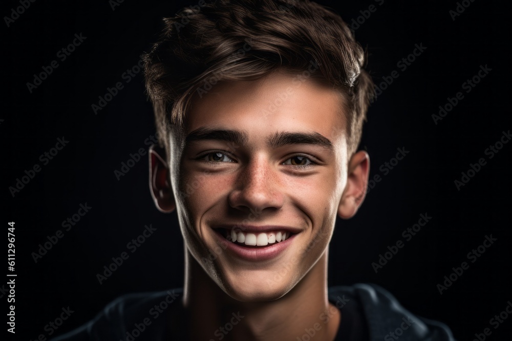 Fototapeta premium Headshot portrait photography of a grinning boy in his 20s giving a hug to the camera against a matte black background. With generative AI technology