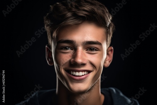 Headshot portrait photography of a grinning boy in his 20s giving a hug to the camera against a matte black background. With generative AI technology