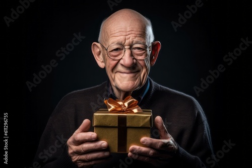 Medium shot portrait photography of a happy old man holding a gift against a matte black background. With generative AI technology © Markus Schröder