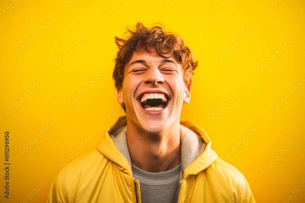 Medium shot portrait photography of a glad boy in his 20s laughing against a bright yellow background. With generative AI technology