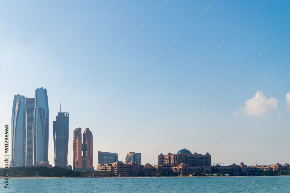 Sunrise high rise building of hotel, offices in Abu Dhabi capital, United Arab Emirates