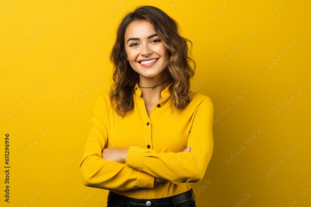 Medium shot portrait photography of a grinning girl in her 20s crossing the arms against a bright yellow background. With generative AI technology Medium shot portrait photography of a grinning girl in her 20s crossing the arms against a bright yellow background. With generative AI technology
