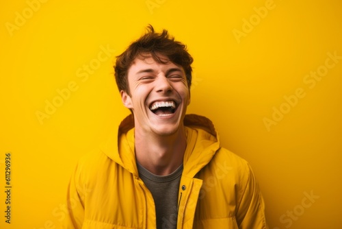 Medium shot portrait photography of a glad boy in his 20s laughing against a bright yellow background. With generative AI technology © Markus Schröder