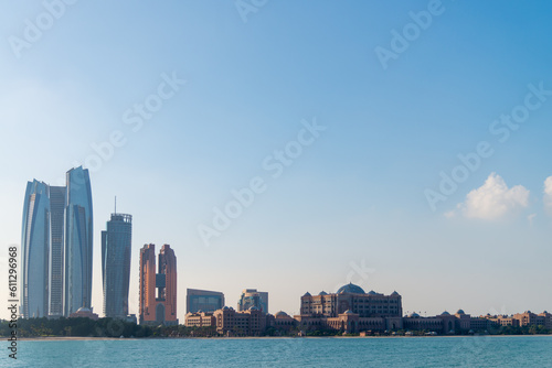 Sunrise high rise building of hotel, offices in Abu Dhabi capital, United Arab Emirates © Piak