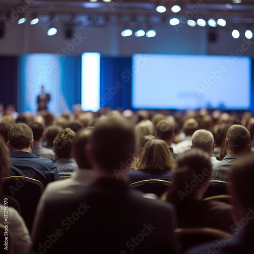 Blurred Speaker giving a talk at business meeting. Rear view of Audience in the conference hall unrecognized participant in audience