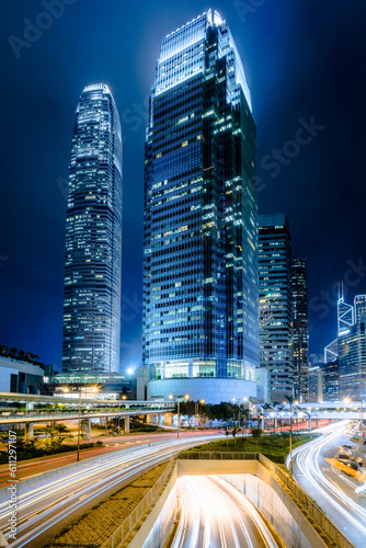 Wall Mural Hong Kong IFC central night view with car light trail