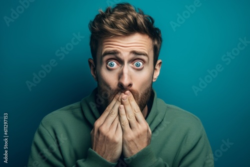 Medium shot portrait photography of a beautiful boy in his 30s covering his mouth against a teal blue background. With generative AI technology