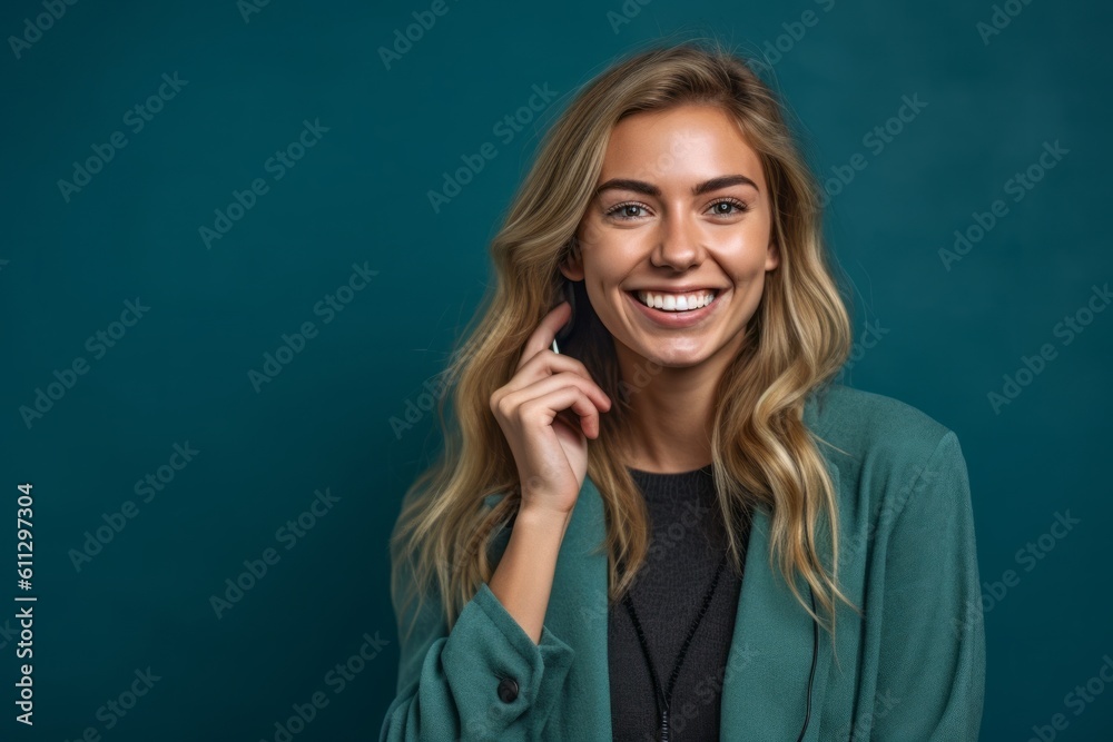 Medium shot portrait photography of a happy girl in her 20s talking on the phone against a teal blue background. With generative AI technology Medium shot portrait photography of a happy girl in her 20s talking on the phone against a teal blue background. With generative AI technology