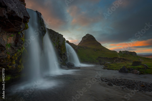 Kirkjufellsfoss waterfall in summer (Iceland landscapes)