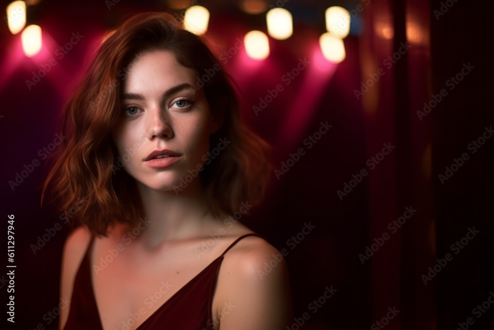 Close-up portrait photography of a glad girl in her 30s posing as if dancing against a rich maroon background. With generative AI technology Close-up portrait photography of a glad girl in her 30s posing as if dancing against a rich maroon background. With generative AI technology