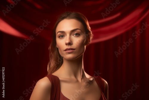 Close-up portrait photography of a glad girl in her 30s posing as if dancing against a rich maroon background. With generative AI technology