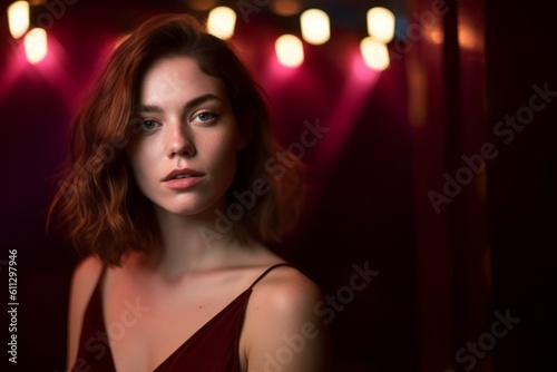 Close-up portrait photography of a glad girl in her 30s posing as if dancing against a rich maroon background. With generative AI technology