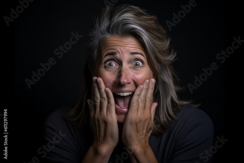 Headshot portrait photography of a tender mature woman making a surprise gesture by covering one's mouth against a dark grey background. With generative AI technology