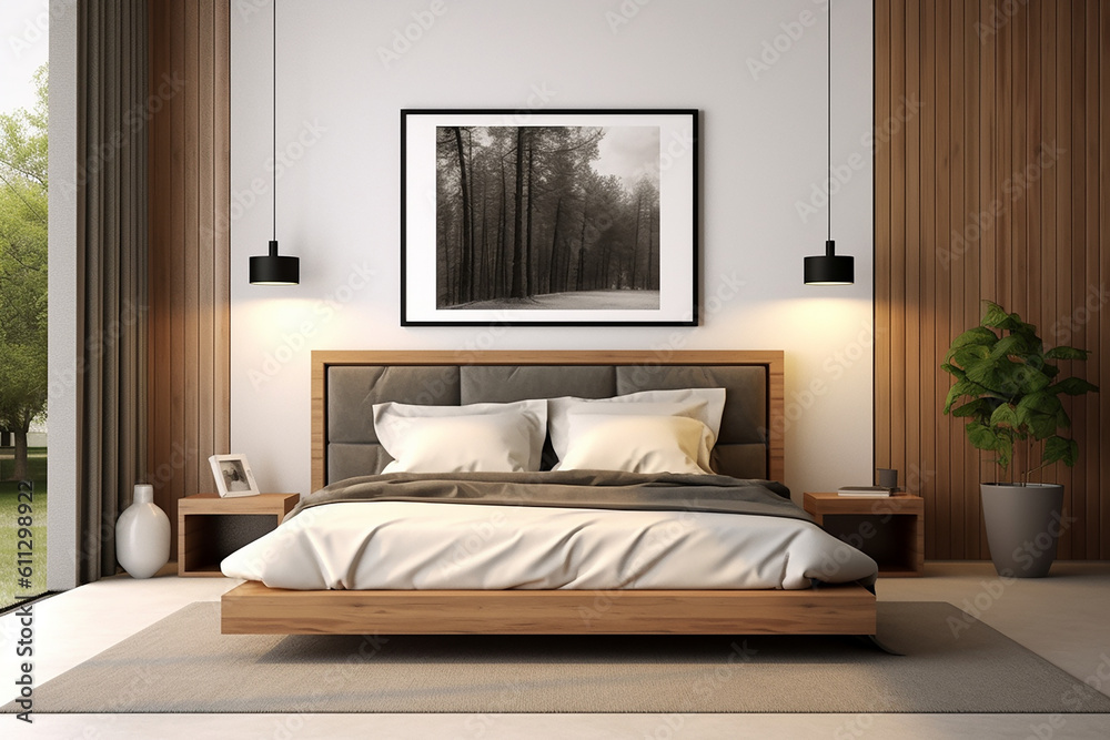 Modern bedroom, and living room in a contemporary house, with a 3D mockup canvas frame on the wall, Generated with AI