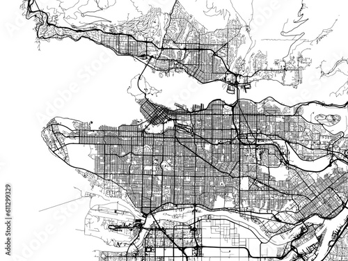 Vector road map of the city of  Vancouver British Columbia in Canada on a white background.