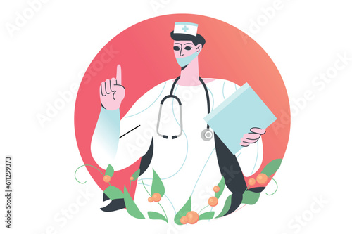 Doctor concept with people scene in the flat cartoon style. The doctor tells how to protect your health from diseases. Vector illustration.