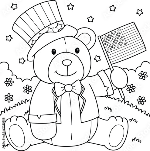 4th of July Teddy Bear with US Flag Coloring Page