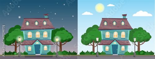 Day and night house. Building at day and night with trees, bushes, street lamps, sky. Cottage at summer time. Night and day suburb landscape. Vector illustration in flat cartoon style.